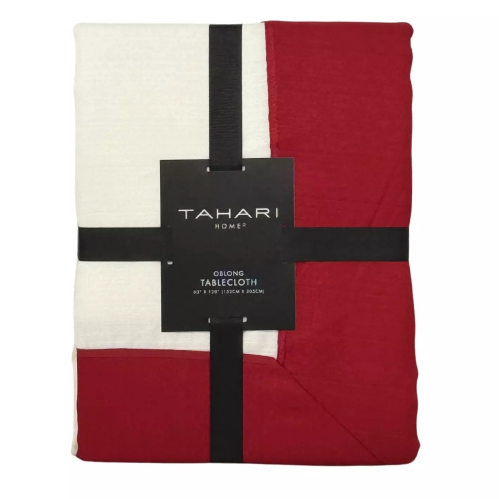 TAHARI 60" x 120" Christmas Holiday Classic Red Border Designer Tablecloth NEW